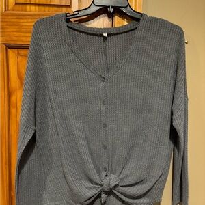 Womens Gray Front Tie, Long Sleeve Waffle Top